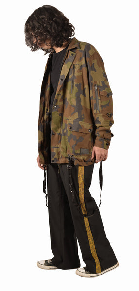 Textured Camoflage Print Hooded Jackets With Straps